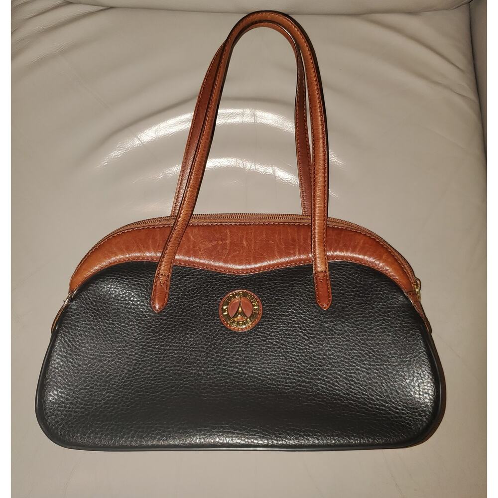 La Tour Eiffel Paris Vintage Black and Brown Pebbled Leather Shoulder Bag